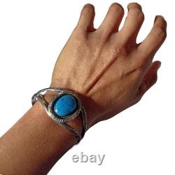 Uncommon Taxco Mexico Blue Fire Glass Sterling Silver Hand Stamped Bracelet