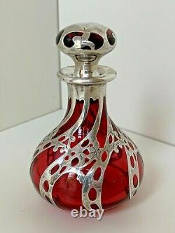 Unique Art Nouveau Cranberry Glass Perfume Bottle, Sterling Silver Overlay