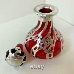 Unique Art Nouveau Cranberry Glass Perfume Bottle, Sterling Silver Overlay