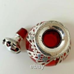 Unique Art Nouveau Cranberry Glass Perfume Bottle, Sterling Silver Overlay