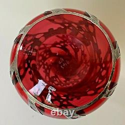 Unique Art Nouveau Cranberry Glass Perfume Bottle, Sterling Silver Overlay