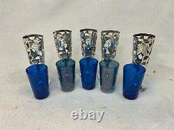Unique Lot of 5 Sterling Silver Shot Glasses Cobalt Blue Glass Inserts 697