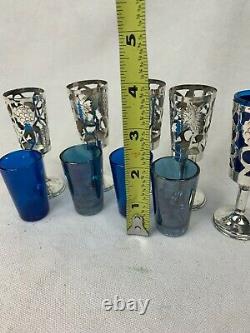 Unique Lot of 5 Sterling Silver Shot Glasses Cobalt Blue Glass Inserts 697