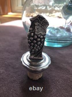 Unique Shape Vintage Glass Decanter Sterling Silver 925 Grape on Vines Stopper