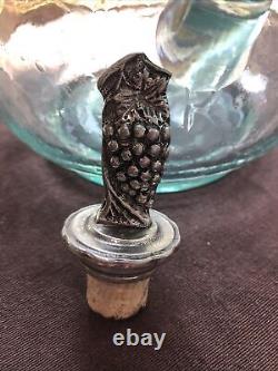 Unique Shape Vintage Glass Decanter Sterling Silver 925 Grape on Vines Stopper
