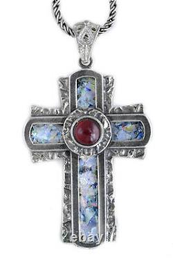 Unusual 925 Sterling Silver Ancient Roman Glass Cross Garnet Pendant