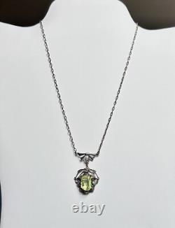 Uranium Vaseline Glass Stone Sterling Silver Dainty Necklace 16 Inches Long