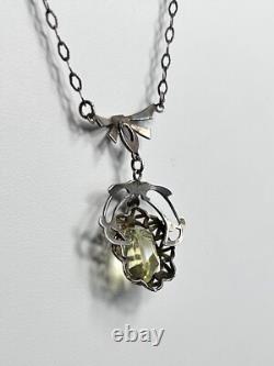 Uranium Vaseline Glass Stone Sterling Silver Dainty Necklace 16 Inches Long