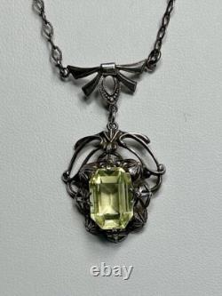 Uranium Vaseline Glass Stone Sterling Silver Dainty Necklace 16 Inches Long