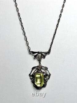 Uranium Vaseline Glass Stone Sterling Silver Dainty Necklace 16 Inches Long