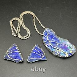 Uri Ramot 950 Silver & Roman Glass Necklace Earrings Set Blue Morpho Butterfly