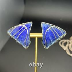 Uri Ramot 950 Silver & Roman Glass Necklace Earrings Set Blue Morpho Butterfly