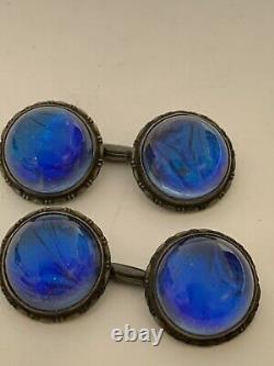 VINTAGE 1920s STERLING WITH BLUE BUTTERFLY WINGS UNDER GLASS CUFFLINKS (CL168)