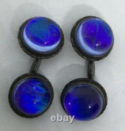VINTAGE 1920s STERLING WITH BLUE BUTTERFLY WINGS UNDER GLASS CUFFLINKS (CL168)