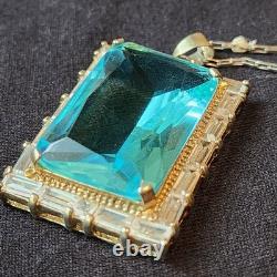 VINTAGE BLUE TOPAZ ART GLASS STERLING SILVER PENDANT 36 × 27mm NECKLACE 18