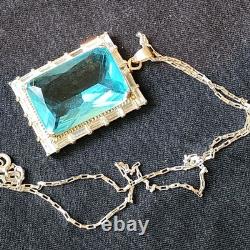 VINTAGE BLUE TOPAZ ART GLASS STERLING SILVER PENDANT 36 × 27mm NECKLACE 18