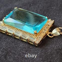 VINTAGE BLUE TOPAZ ART GLASS STERLING SILVER PENDANT 36 × 27mm NECKLACE 18