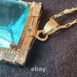 VINTAGE BLUE TOPAZ ART GLASS STERLING SILVER PENDANT 36 × 27mm NECKLACE 18