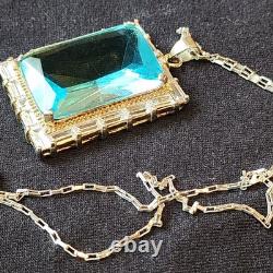 VINTAGE BLUE TOPAZ ART GLASS STERLING SILVER PENDANT 36 × 27mm NECKLACE 18