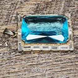 VINTAGE BLUE TOPAZ ART GLASS STERLING SILVER PENDANT 36 × 27mm NECKLACE 18