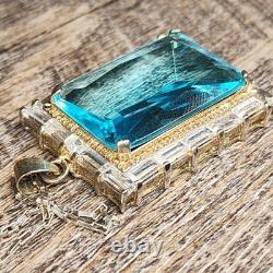 VINTAGE BLUE TOPAZ ART GLASS STERLING SILVER PENDANT 36 × 27mm NECKLACE 18