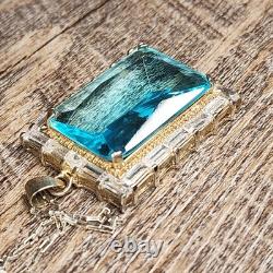 VINTAGE BLUE TOPAZ ART GLASS STERLING SILVER PENDANT 36 × 27mm NECKLACE 18