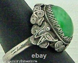 VINTAGE ESTATE PEKING GLASS STERLING SILVER ADJUSTABLE RING with BIRD DETAIL, 6.5