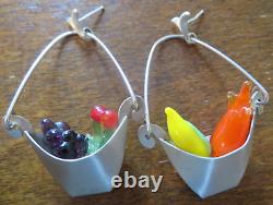 VINTAGE LINDA HESH STERLING SILVER Glass Fruit Hanging EARRINGS Rare Estate Find