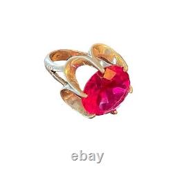 VINTAGE RING Size 6 1/2 LARGE Fuchsia Glass STONE STERLING Silver. Gorgeous