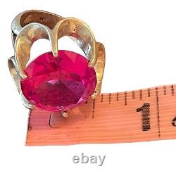 VINTAGE RING Size 6 1/2 LARGE Fuchsia Glass STONE STERLING Silver. Gorgeous