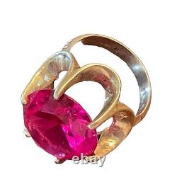 VINTAGE RING Size 6 1/2 LARGE Fuchsia Glass STONE STERLING Silver. Gorgeous