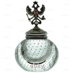 VINTAGE Russian l Double Eagle Sterling Silver Glass Inkwell. Mark JR