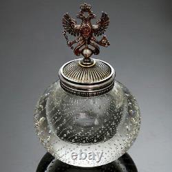 VINTAGE Russian l Double Eagle Sterling Silver Glass Inkwell. Mark JR