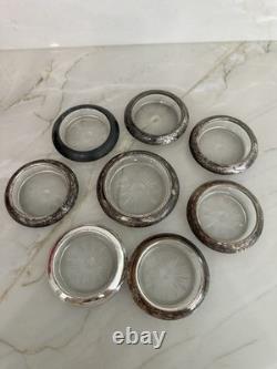 VINTAGE SET 8 COASTERS STERLING SILVER withGLASS FRANK M. WHITING & CO