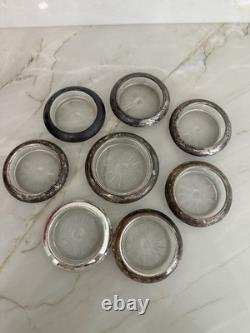 VINTAGE SET 8 COASTERS STERLING SILVER withGLASS FRANK M. WHITING & CO