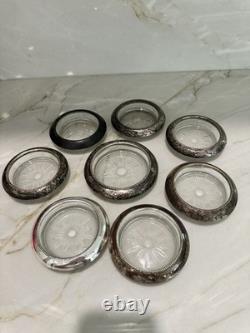 VINTAGE SET 8 COASTERS STERLING SILVER withGLASS FRANK M. WHITING & CO