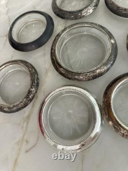 VINTAGE SET 8 COASTERS STERLING SILVER withGLASS FRANK M. WHITING & CO