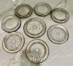 VINTAGE SET 8 COASTERS STERLING SILVER withGLASS FRANK M. WHITING & CO