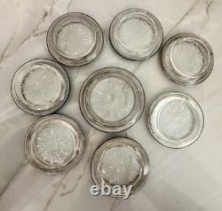 VINTAGE SET 8 COASTERS STERLING SILVER withGLASS FRANK M. WHITING & CO