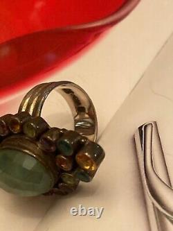 VINTAGE STERLING SILVER 925 MULTI COLOR GLASS FIELD EMERALD RING Sz 7