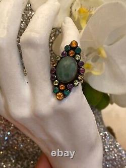 VINTAGE STERLING SILVER 925 MULTI COLOR GLASS FIELD EMERALD RING Sz 7