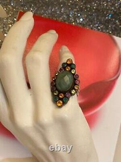 VINTAGE STERLING SILVER 925 MULTI COLOR GLASS FIELD EMERALD RING Sz 7