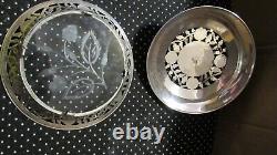 VINTAGE STERLING SILVER Art CUT OUT Covered CANDY NUT Dish ENGRAVED GLASS BOTTOM