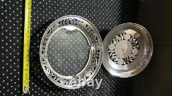 VINTAGE STERLING SILVER Art CUT OUT Covered CANDY NUT Dish ENGRAVED GLASS BOTTOM