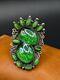 Vintage Zuni Petit Point Sterling Silver Ring Green Poured Glass & Tiger Eye Jw