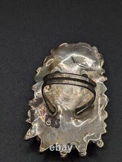 VINTAGE ZUNI PETIT POINT STERLING SILVER RING Green Poured Glass & Tiger Eye JW