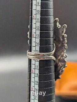 VINTAGE ZUNI PETIT POINT STERLING SILVER RING Green Poured Glass & Tiger Eye JW