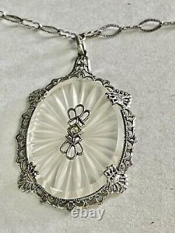 VTG 1920s Camphor Glass & diamond Necklace Sterling Filigree Paper Clip Chain
