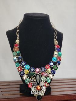 VTG 925 Sterling Silver Multicolor Glass & Natural Stone Bib Statement Necklace