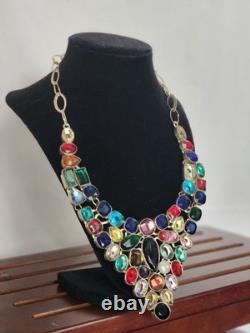 VTG 925 Sterling Silver Multicolor Glass & Natural Stone Bib Statement Necklace